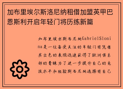 加布里埃尔斯洛尼纳租借加盟英甲巴恩斯利开启年轻门将历练新篇 加布里埃尔斯洛尼纳租借加盟英甲巴恩斯利开启年轻门将历练新篇